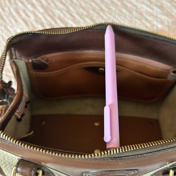 Vintage 80s Dooney & Bourke All Weather Leather Boston Satchel Bag, Cream & Brwn - Picture 10 of 16